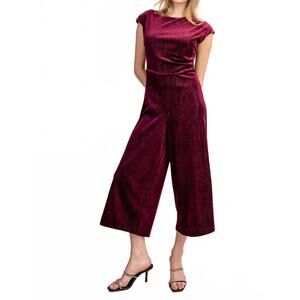 NEW NYLAND claudine round neck waist pleats velvet jumpsuit in plum